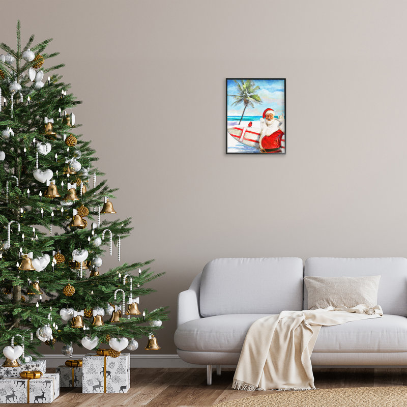 «Surfing Santa at Beach», estampe numérique par Patrick Reid Obrien, Giclée encadrée noir minuit, H 20 po x l 16 po