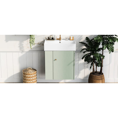 Meuble-lavabo Modern - meuble-lavabo en céramique de 21,6 po, compartiment de rangement latéral pour bonnets de douche, trou de trop-plein, meuble flottant élégant avec lavabo, éléments essentiels pour la zone de gauche, ajout élégant