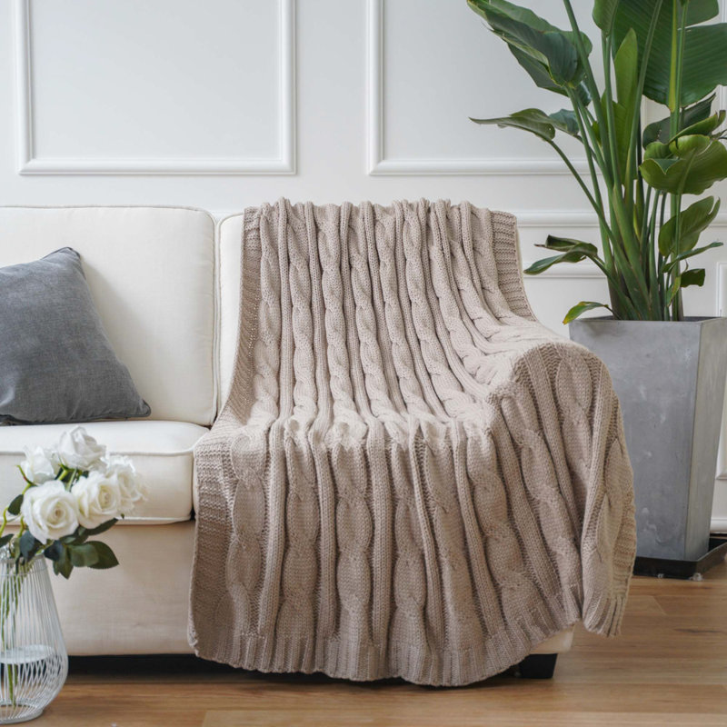 Khaki Cable Knit Acrylic Throw Blanket, 50" x 60"