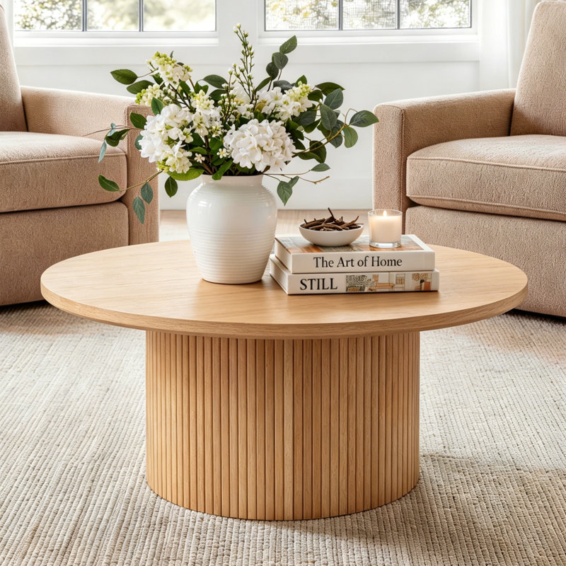 Charleily Solid Wood  Coffee Table Pedestal Round Sofa Side Table, Natural, 45cm H x 90cm W x 90cm D