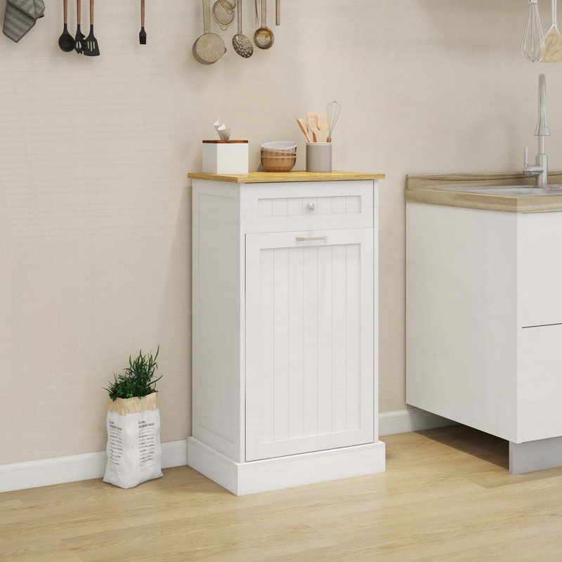 Armoire à ordures inclinable avec tiroir et rangement - Panneau de fibres à densité moyenne blanc peint UV, Blanc