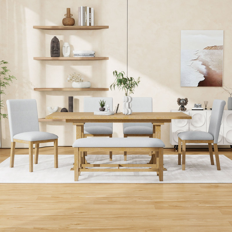 Ensemble de table de salle à manger extensible 6 pièces avec rallonge, chaise et banc Charmant, Naturel, Gris clair