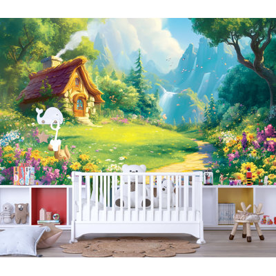 Murale forêt fantaisiste | Papier peint conte de fées, chambre d'enfant | Décor de jardin de fleurs magiques | Décoration de chambre d'enfant enchantée