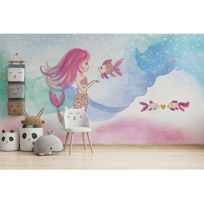 Pastel Mermaid Kids Wallpaper Pink Blue Watercolor