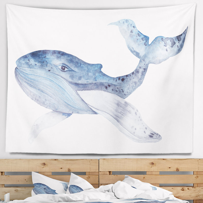 Grande tapisserie à la baleine avec aquarelle, H 32 po x l 39 po