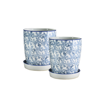  Ming Blossom Blue/White Ceramic Planter With Saucer, Chinese Porcelain-Inspired Floral Pot With Drainage Hole, Glazed Indoor Plant Pot, 8" Diameter & 8" Tall, Pack Of 2