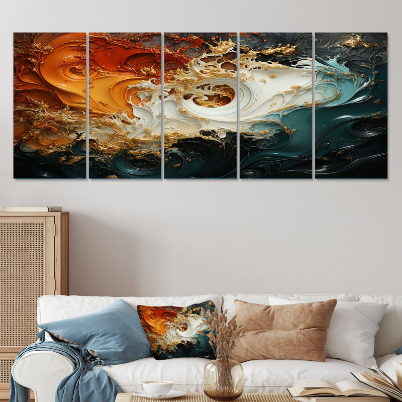 «Orange and Emerald Marble Lava VI», ensemble de 5 peintures murales abstraites, H 28 po x l 60 po