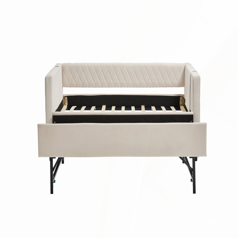 Beige Velvet Daybed with Sturdy Wooden Frame, Modern Diamond Grid Pull-Out Design for Bedroom and Living Room, Beige