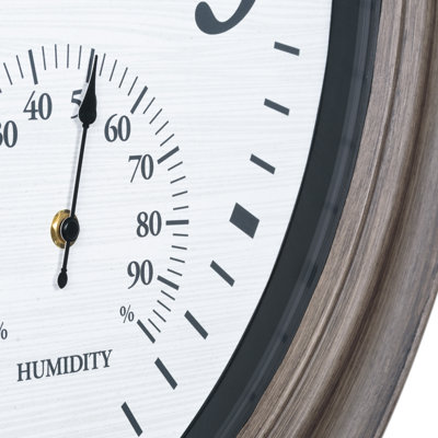 26.2" Quartz Outdoor Brushed Gray Oak Analog Clock with Thermometer & Hygrometer