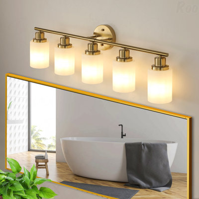 Luminaire de meuble-lavabo 31 po - 5 lumières en métal doré, abat-jour en verre givré, applique murale moderne