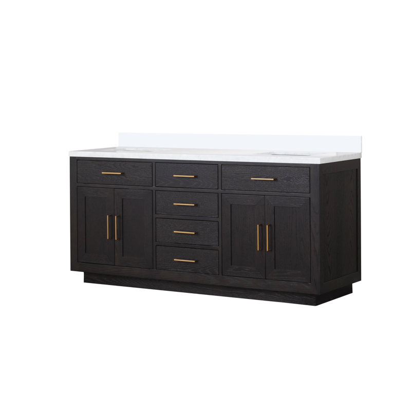 72" Double Bathroom Vanity Set, Brown Oak, White Quartz