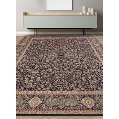 Tapis bleu marine et vert clair de haute qualité noué à la main