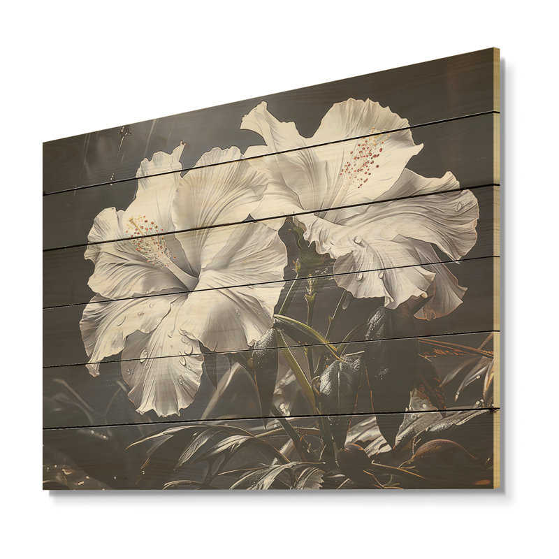 Fleurs d'hibiscus illuminées par Moonlig - Art mural en bois d'hibiscus sur bois de pin naturel, H 10 po x l 20 po