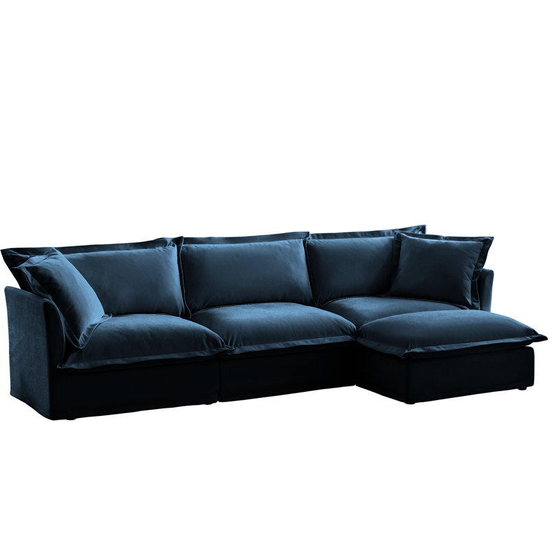 Élégant chenille confortable bleu, canapé modulaire avec housse convertible et 2 coussins pour le salon en forme de L