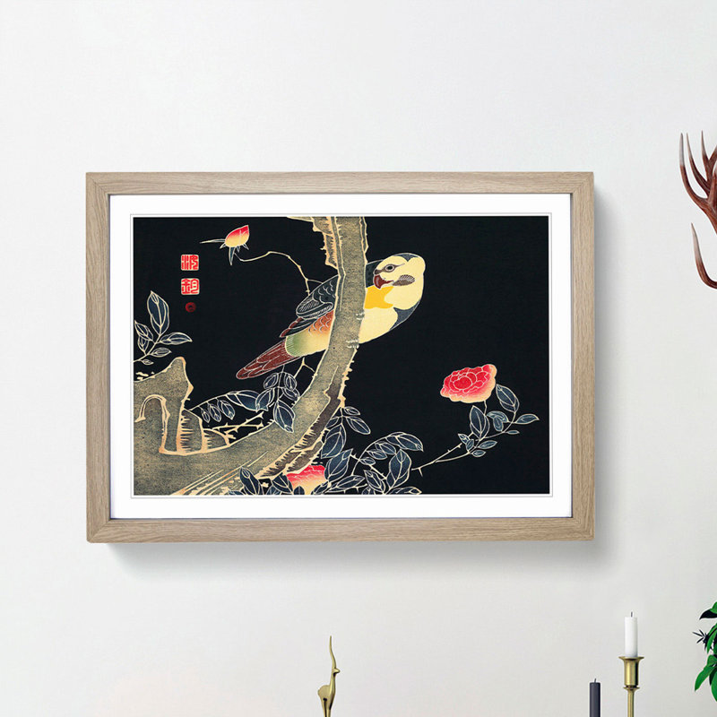 Parrot and Rose Bush by Ito Jakuchu - Framed Print, Oak Framed, 36cm H x 48cm W x 2cm D