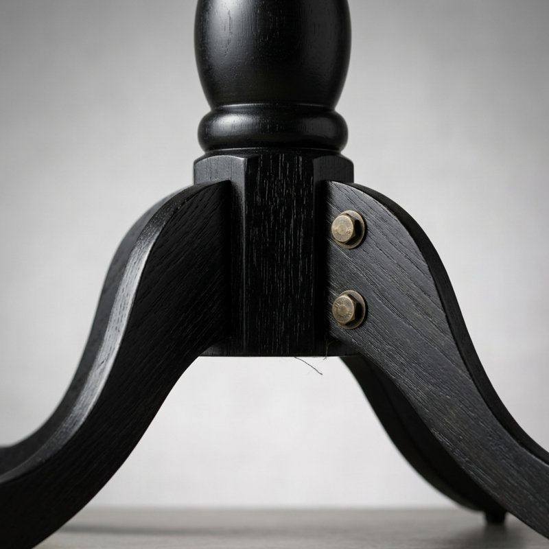 Ensemble de salle à manger rond 3 pièces en bois d'hévéa antique couleur cerisier noir, avec pied central et dossier à barreaux.