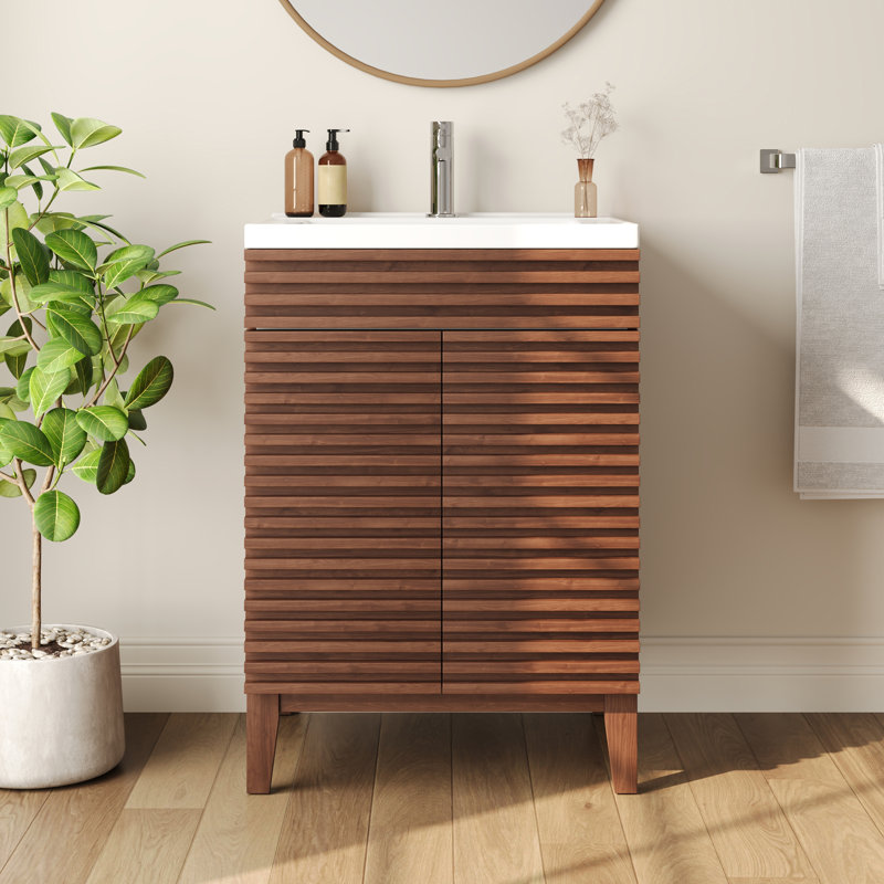  Cove 24" Bathroom Vanity with Ceramic Sink Top, Fully Assembled Mid-Century Wood Bathroom Cabinet, Walnut