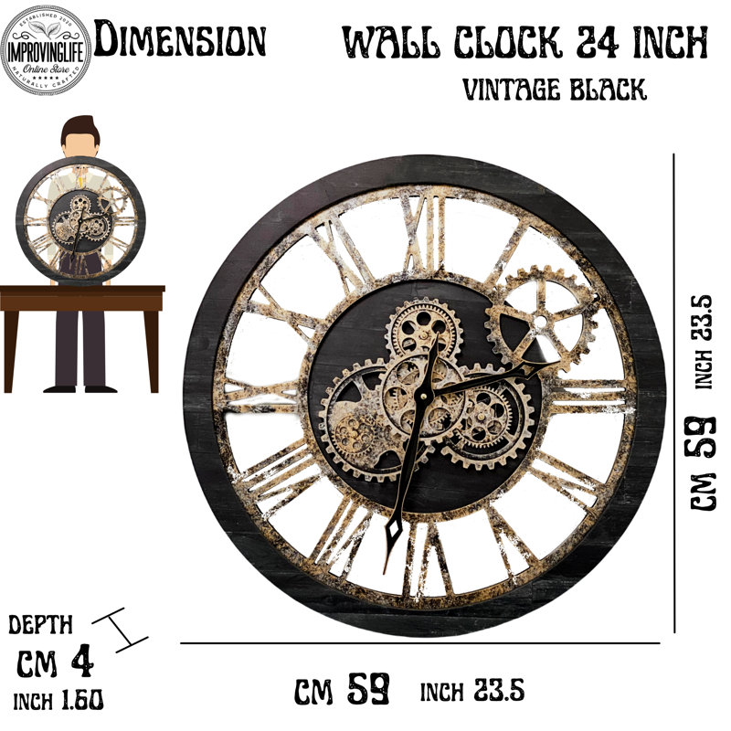 Vintage Black 24-Inch Industrial Wall Clock with Moving Gears