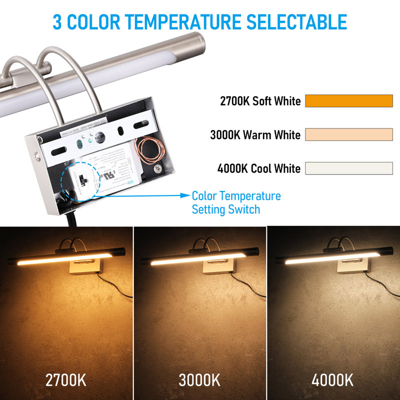 LED Picture Light, Dimmable Full Metal Artwork Lamps, CRI90, 2700K/3000K/4000K Selectable, Satin Nickel