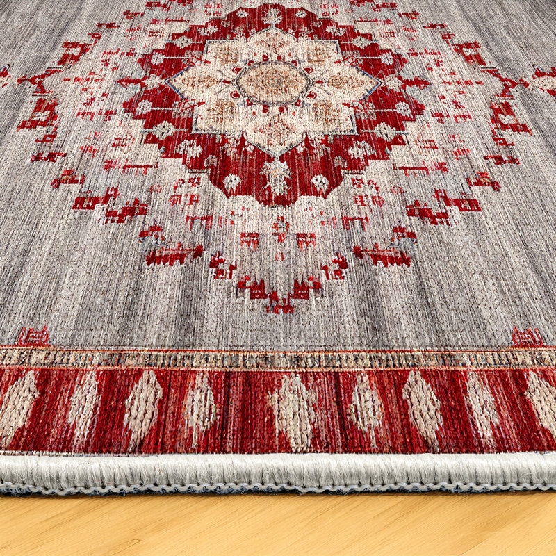 Marisol Burgundy Beige Gray Oriental Machine Printed Cotton Polyester Area Rug, Rectangle 5'3" x 6'7"