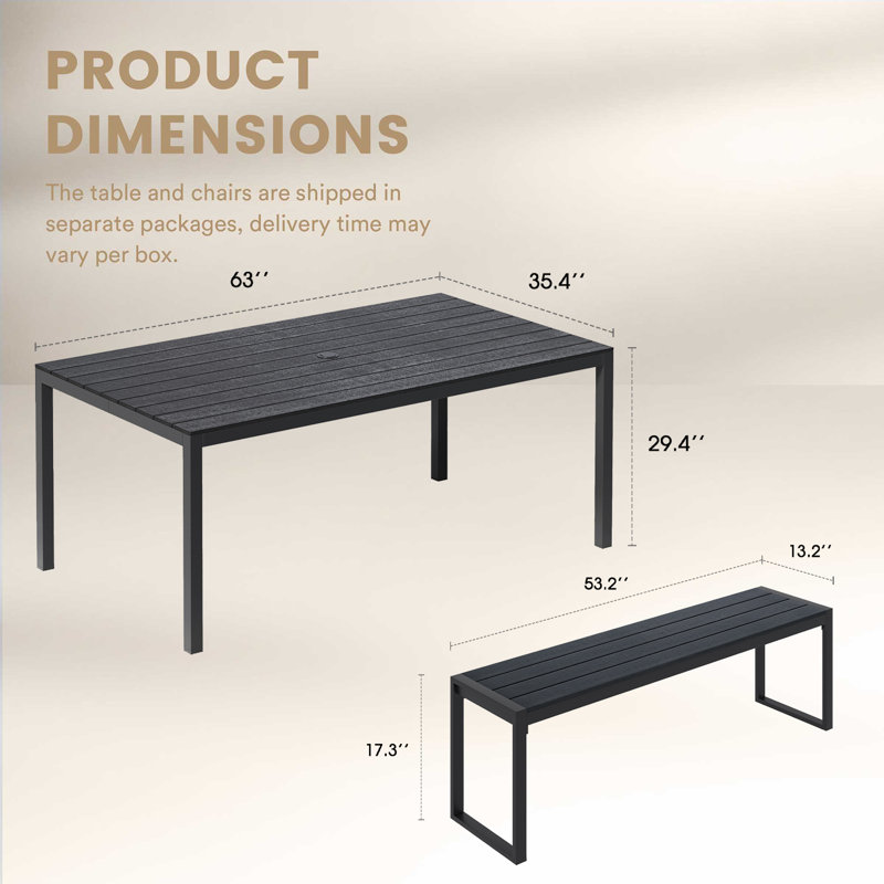 Rectangular Patio Dining Set Wtin Benchs, Black