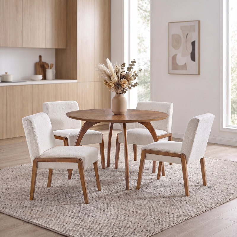 Arshveer 48-inch Round Wood Dining Table And 4 Upholstered Chairs Set 