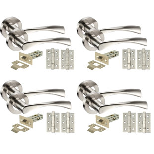Golden Grace 4 Pairs Twist Astrid Style Modern Door Handles Set Lever Latch on Round Rose in Duo Chrome Finish with Ball Bearing Hinges and 64mm Tubular Latch (Set of 4)