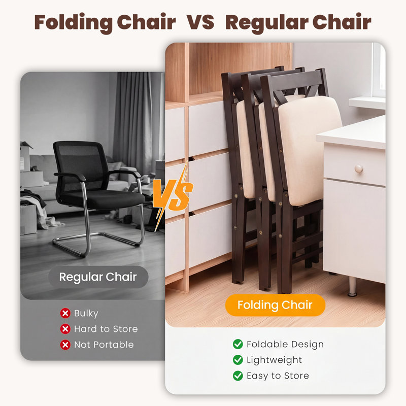 Chaises de salle à manger pliantes rembourrées et empilables avec structure en bois massif, Cadre brun / siège beige