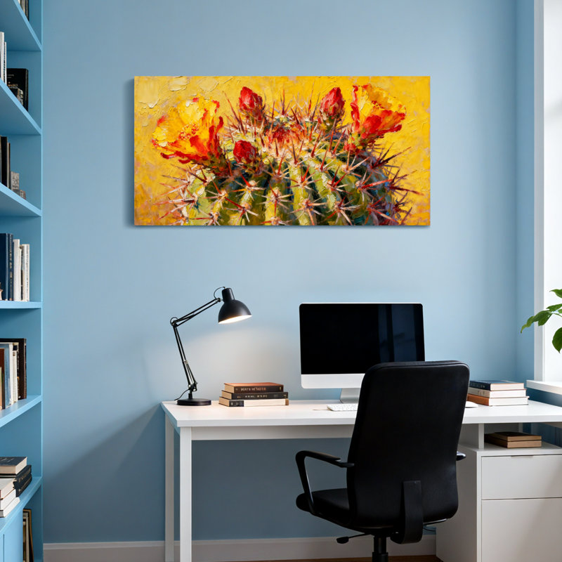 Plantes et fleurs de cactus avec des fleurs éclatantes sur fond jaune, H 24 po x l 48 po