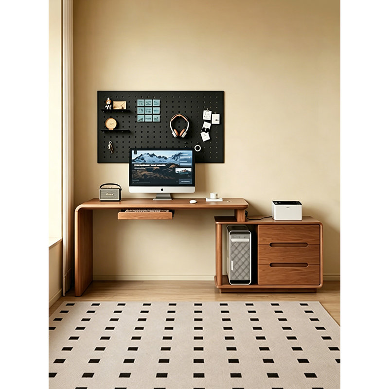 Modern Minimalist Retractable L-shaped Desk&Office Desk, 29.53" H x 66.9" W x 53.43" D, Brown