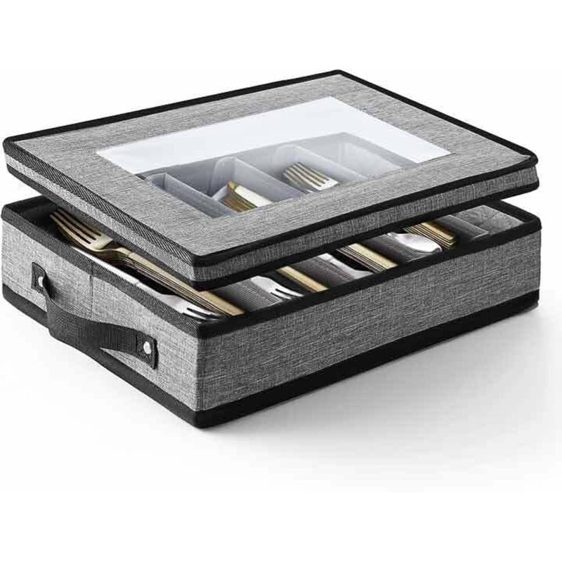 Flatware & Utensil Storage - Durable Silverware Storage Box With Padded Dividers, 5 Compartment Flatware Storage Case, Grey