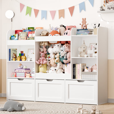  Rangement pour jouets 41,3 po avec bibliothèques pour enfants, rangement pour animaux en peluche, 3 tiroirs mobiles, armoire de rangement à 4 cubes et bibliothèque à 3 niveaux pour les salles de jeux, chambre à coucher, blanc