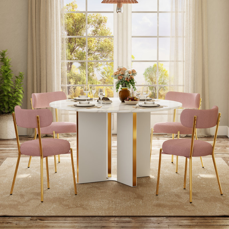 Ensemble de table de salle à manger 47,2 po, Blanc / Doré, Ensemble de cinq pièces : table, quatre chaises, Rose/or