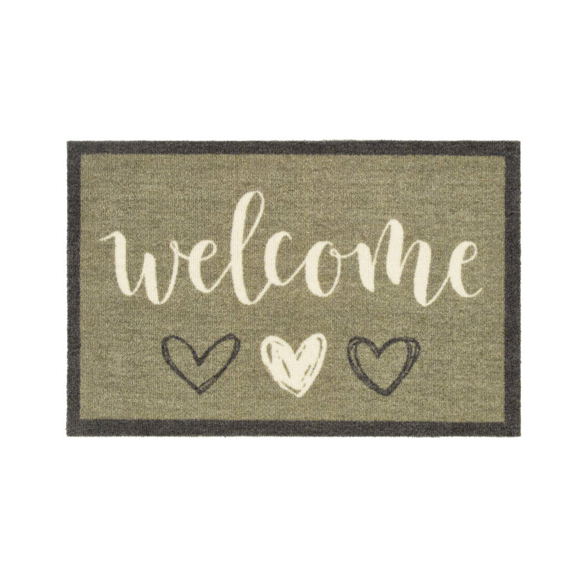 Non-Slip Welcome Hearts Sage Indoor Doormat
