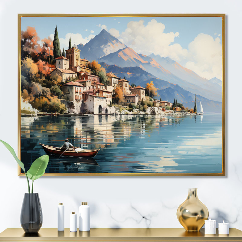 Italie, art mural sur toile, impression de voyage sur le lac de Côme - Italie sur le lac de Côme, Cadre flottant doré
