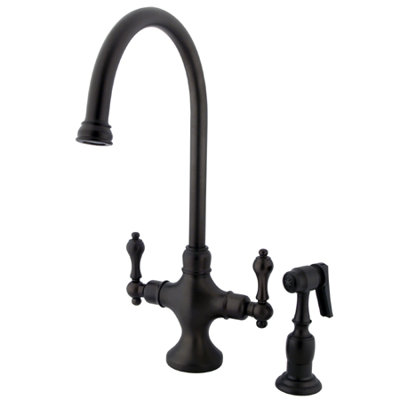 Classic Double Handle Single Hole Kitchen Faucet with Metal Lever Handles and Brass Side Spray