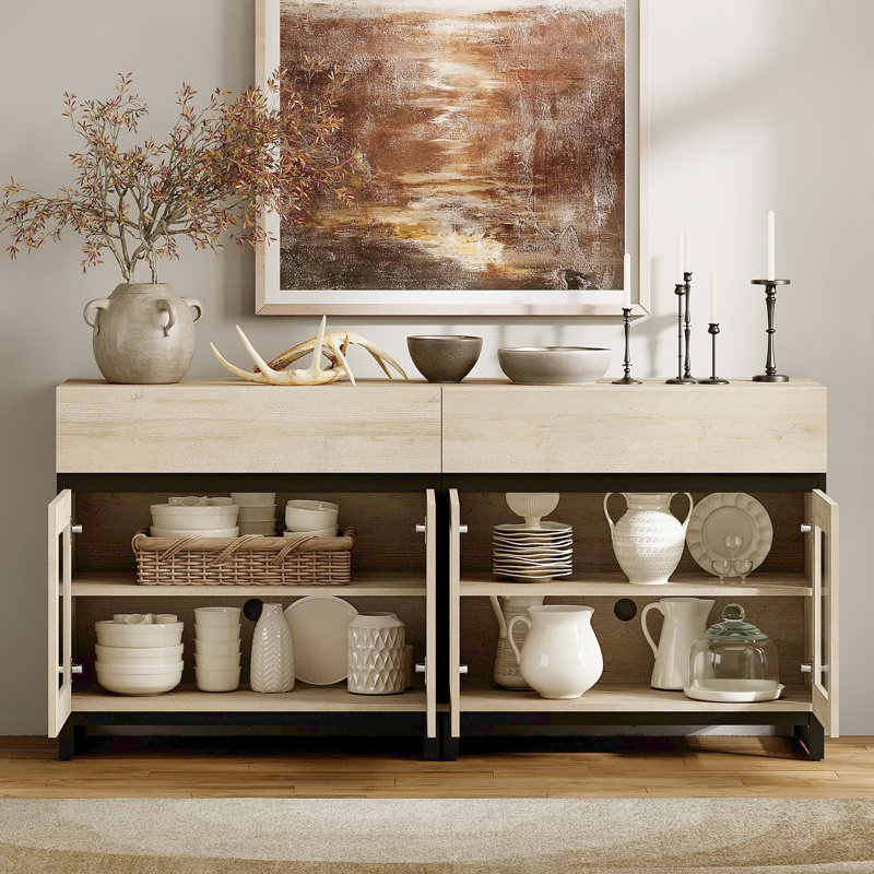 2 In 1 Multifunctional Sideboard Buffet Cabinets With 4 Glass Doors And 2 Drawers, Modern Sideboard Credenza With Metal Base, Coffee Bar Storage Cabinet For Living Room, Kitchen