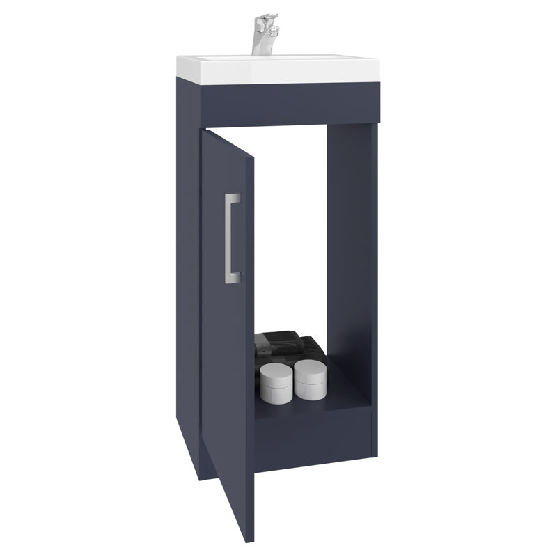Meuble-lavabo moderne avec lavabo en résine, solution de rangement pour l'organisation, finition blanc bleu, bois d'ingénierie, largeur de 15,7 po, hauteur de 34,6 po, conception compacte au sol de 13 po, profondeur de 12,93 po,