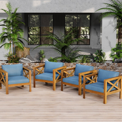 Fauteuil club d'extérieur 4 pièces avec coussins bleus, bois, finition, convient aux rassemblements de patio et de jardin en bois