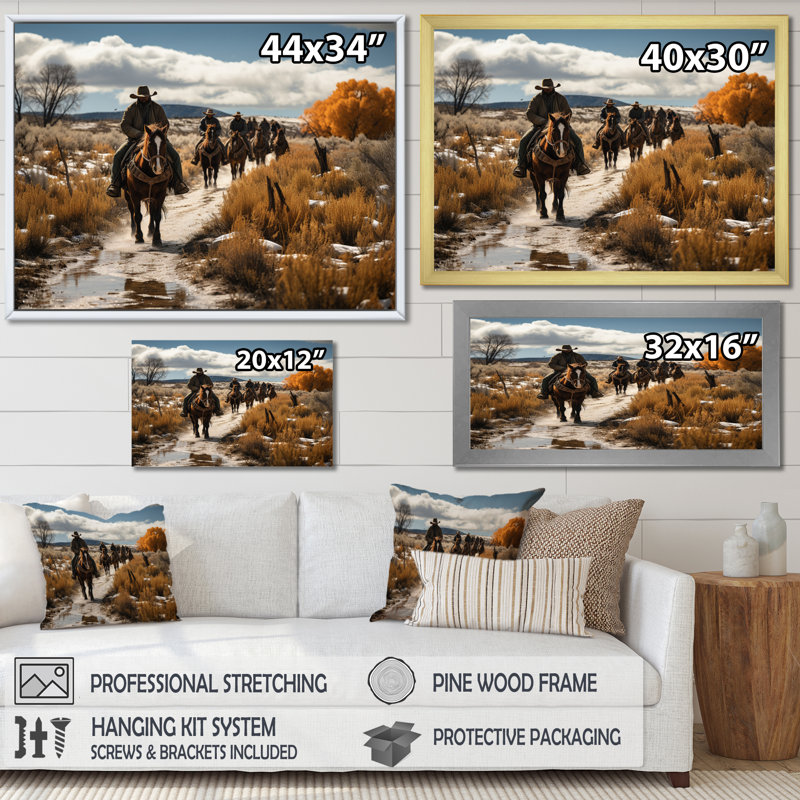 «Western Cattle Drive Memories» sur toile, H 34 po x l 44 po x P 1,5 po, Cadre simple noir