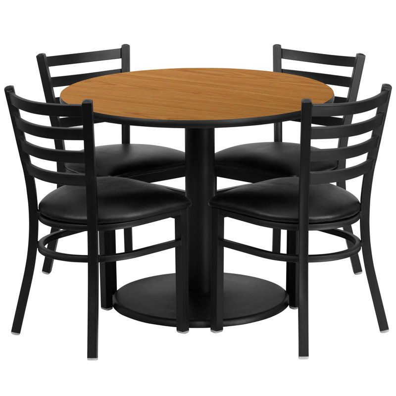 Neelam 36'' Round Laminate Table Set with Round Base and 4 Ladder Back Metal Chairs, Natural, Black Faux Leather
