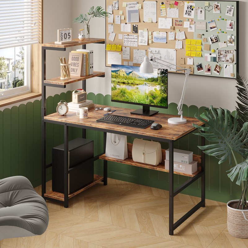 43.3 Inch Computer Desk with Shelves, Industrial Style Corner Table for Small Home Offices or Study Spaces, Brown