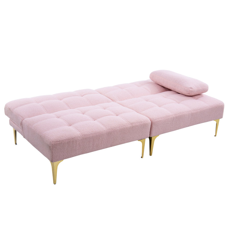 Futon convertible 71 po avec tissu doux rose et pieds dorés métalliques - Lit polyvalent en métal confortable