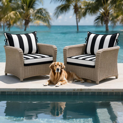 Ensemble de 2 coussins de patio de 28,5 po x 28,5 po, 2 coussins de siège d'extérieur résistants à la décoloration avec 4 paires d'attaches, un coussin de siège profond pour les chaises de patio, des meubles en rotin, des sièges en osier, une chaise Adirondack d'extérieur, des rayures blanches et bleu marine