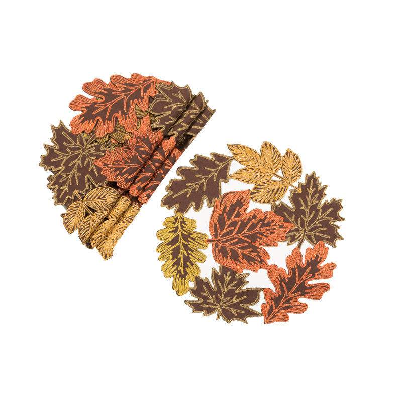 Autumn Leaves Embroidered Brown Polyester Square Placemats, Set of 4