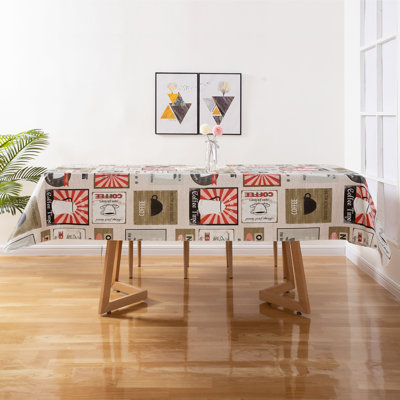 Vintage Vinyl Tablecloth with Flannel Backing 52"x 90",Coffee Poster Patchwork Beige
