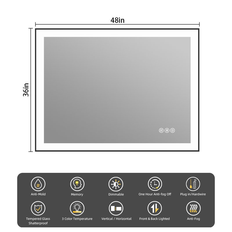Miroir de salle de bain Lunara, 48 po x 36 po