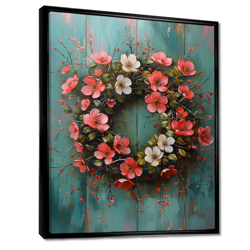 Rose, bleu, printemps, symphonie de couronne III - Couronne, art mural, Cadre flottant noir, H 30 po x l 40 po
