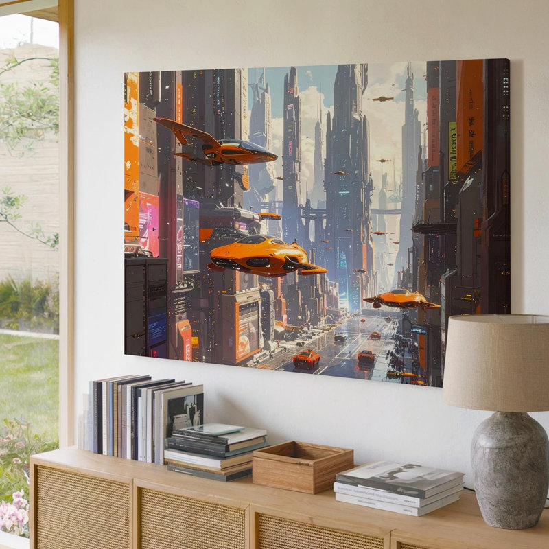 Toile, art mural futuriste, néon, paysage urbain, 9" H x 12" W