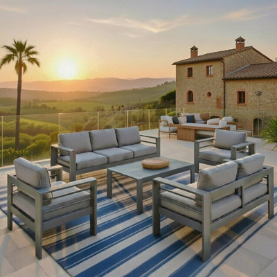 All-Weather 5-Piece Modern Metal Patio Furniture Set,  7-Seat Conversation Sofa With Thick Gray Cushions & Gray Frame And Coffee Table